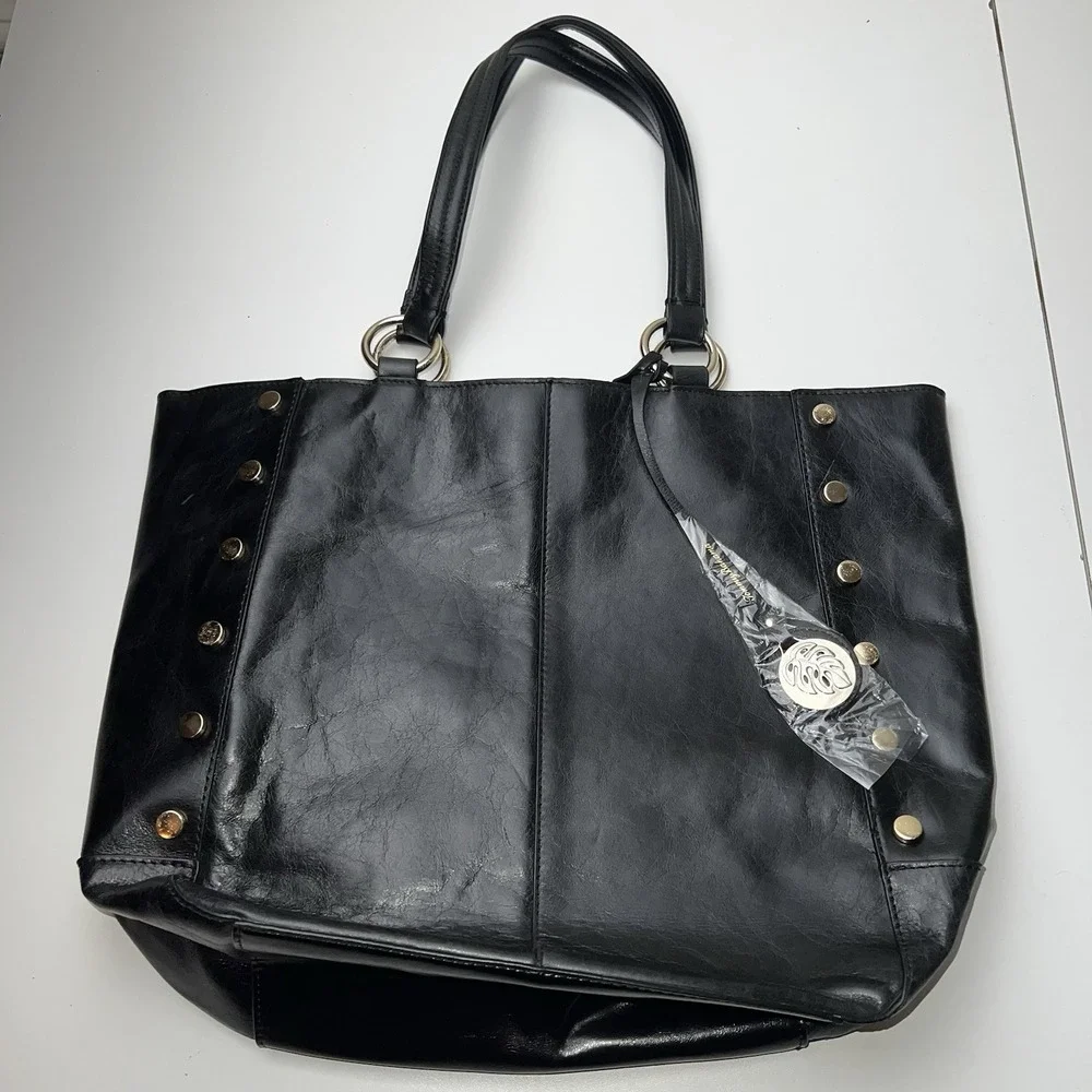 Tommy Bahama Black Leather Studded Snap Close Tote Bag Purse